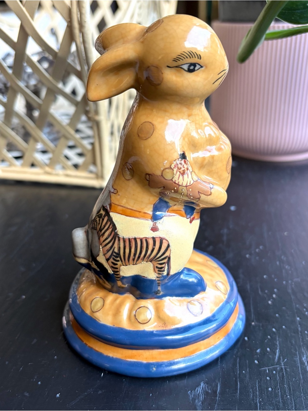 Vintage Porcelain Rabbit painted circus zebra and clowns
